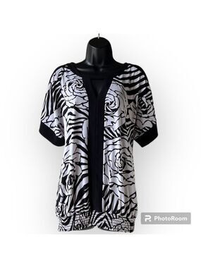Joseph RIBKOFF White & Black Rose Print Cold Shoulder Blouse Size 8